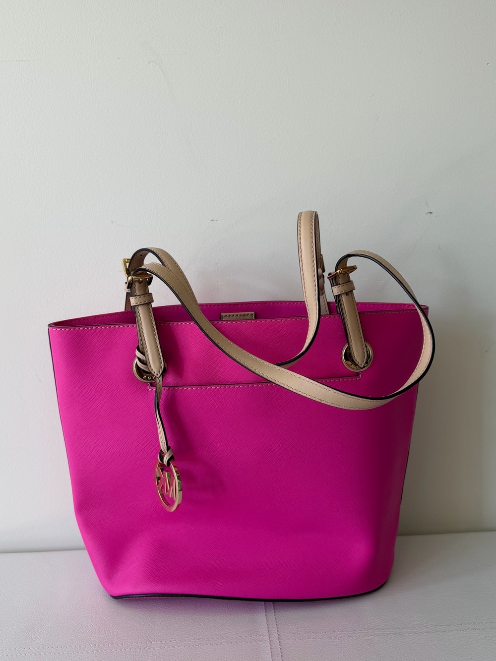 Michael Kors Hot Pink Tote with Beige Handles